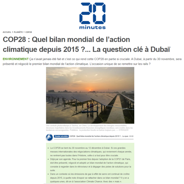 Article publié dans 20 minutes « COP28 : Quel bilan mondial de l’action climatique depuis 2015 ?… La question clé à Dubaï »