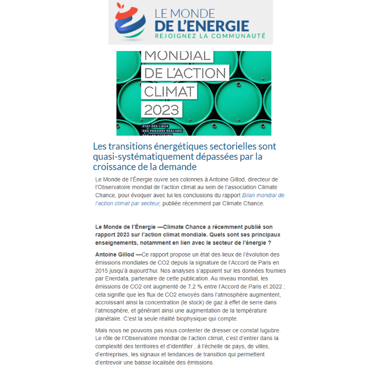 Article Le Monde de l’Energie « Les transitions énergétiques sectorielles sont quasi-systématiquement dépassées par la croissance de la demande »