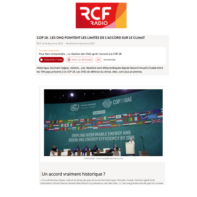 Interview RCF Radio « COP28 : Les ONG pointent les limites de l’accord sur le climat »