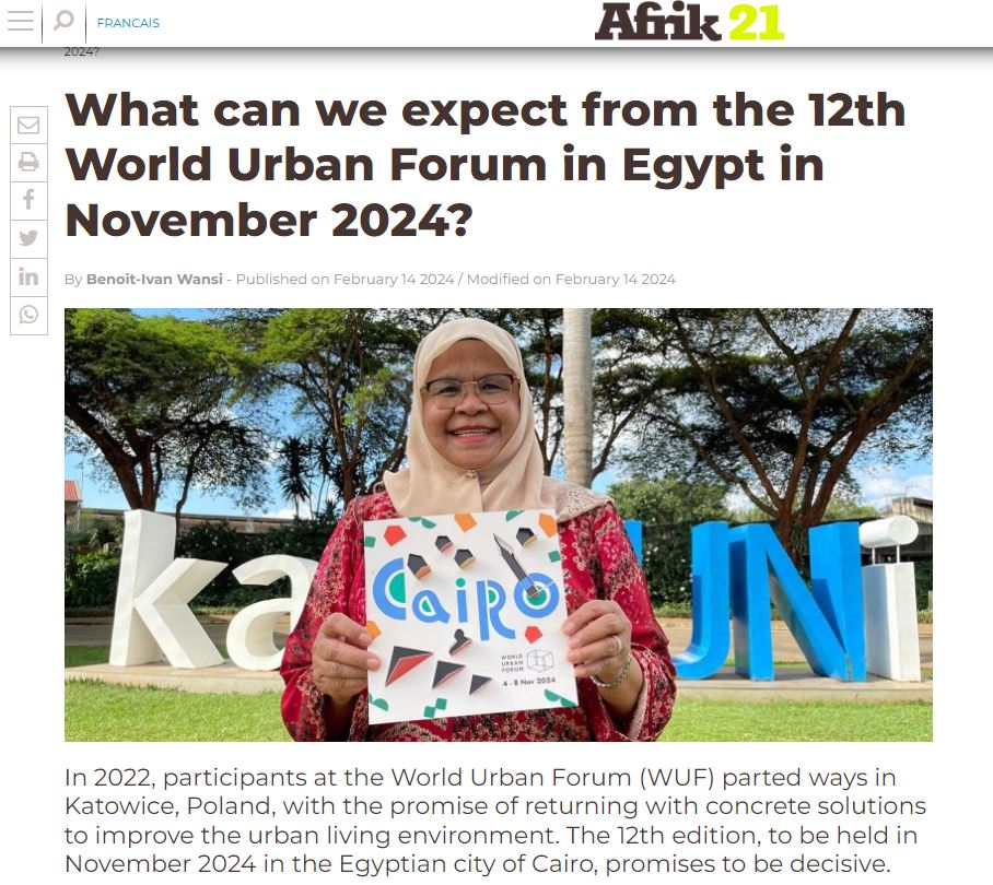 Afrik 21 article: “What can we expect from the 12th World Urban Forum in Egypt in November 2024?”