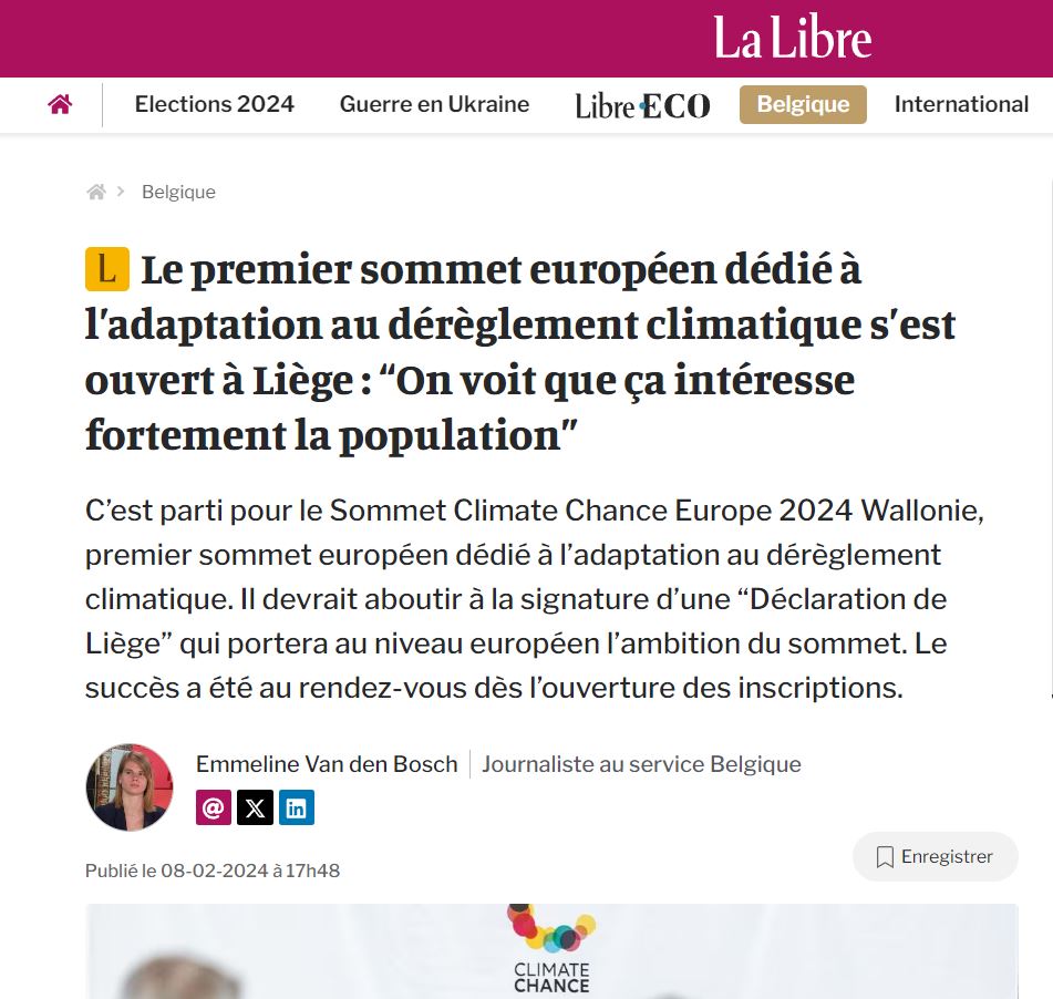 Article La Libre « Le premier sommet européen dédié à l’adaptation au dérèglement climatique s’est ouvert à Liège »