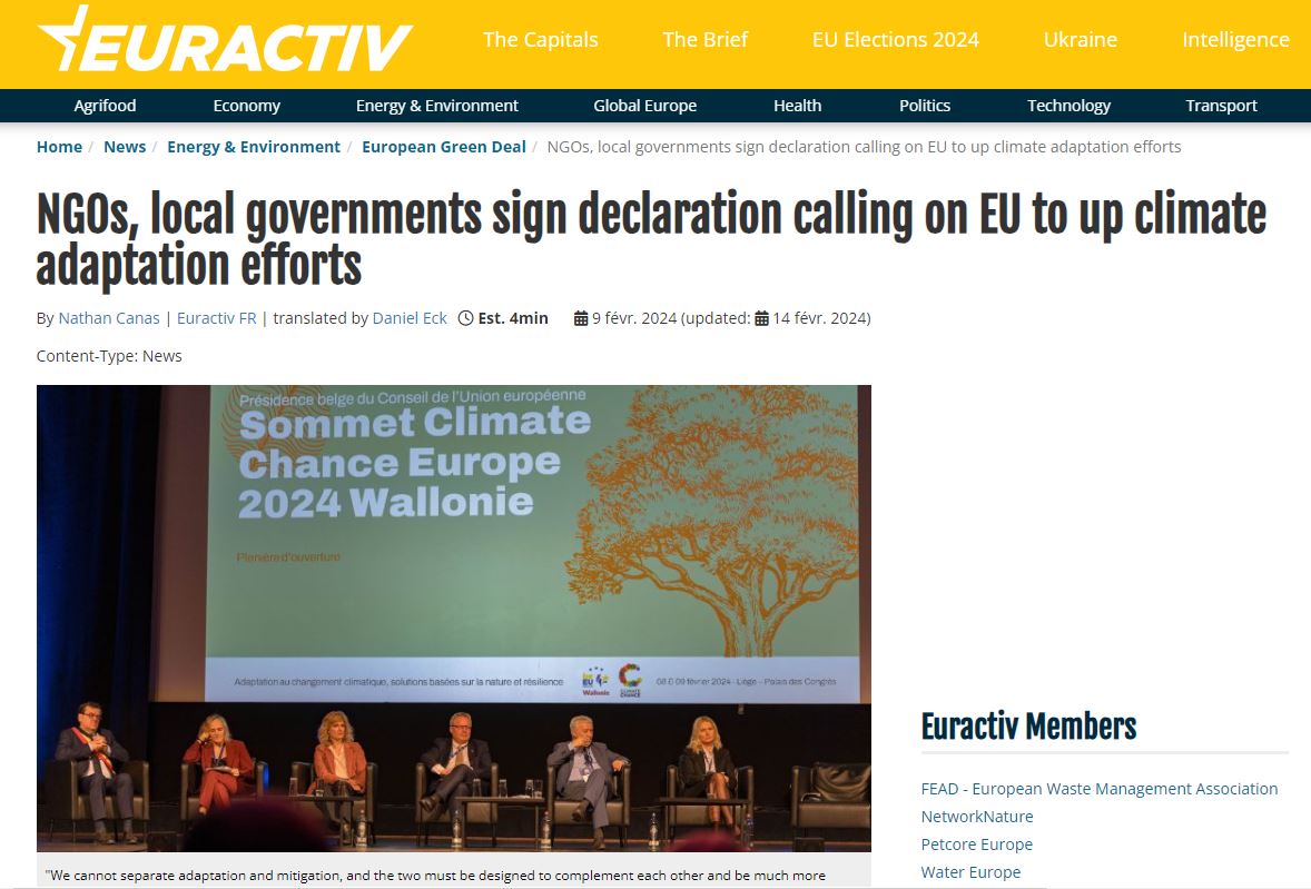 Euractiv article: “NGOs, local governments sign declaration calling on EU to up climate adaptation efforts”