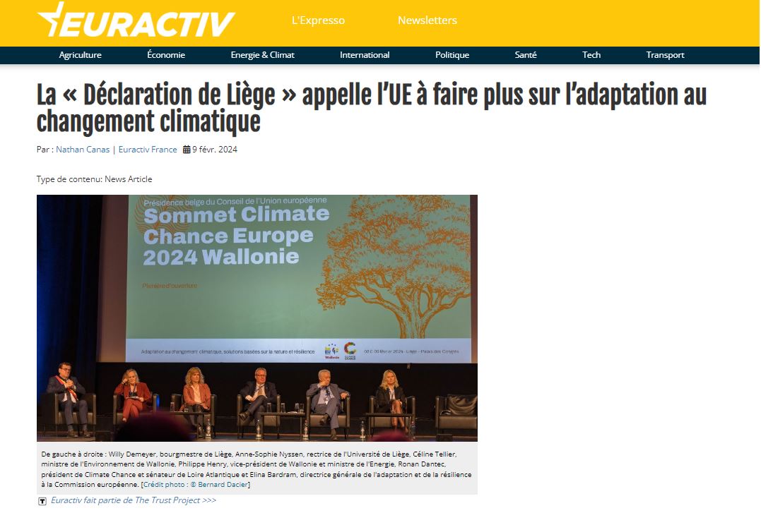 Article d’Euractiv « La « Déclaration de Liège » appelle l’UE à faire plus sur l’adaptation au changement climatique »