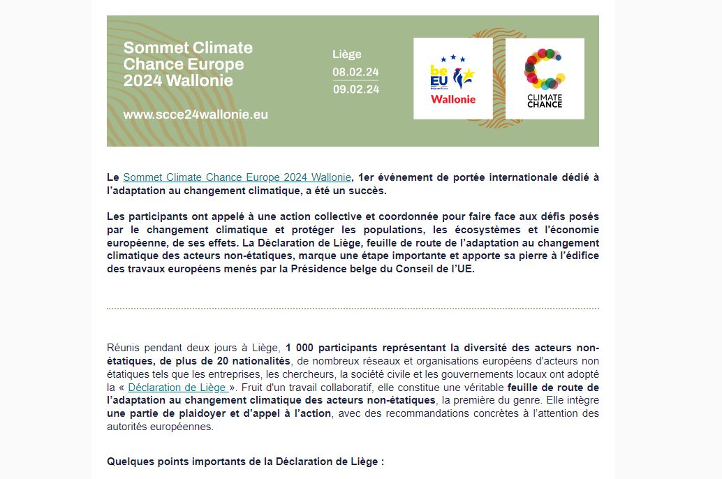 Newsletter Février 2024 – Bilan du Sommet Climate Chance Europe 2024 Wallonie